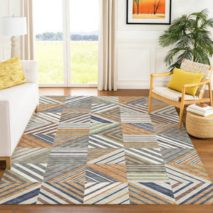 HomeRoots 8' X 10' Stylish Copper, Ivory & Blue Patchwork Indoor/Outdoor Area Rug – Machine Washable & Durable! 690480