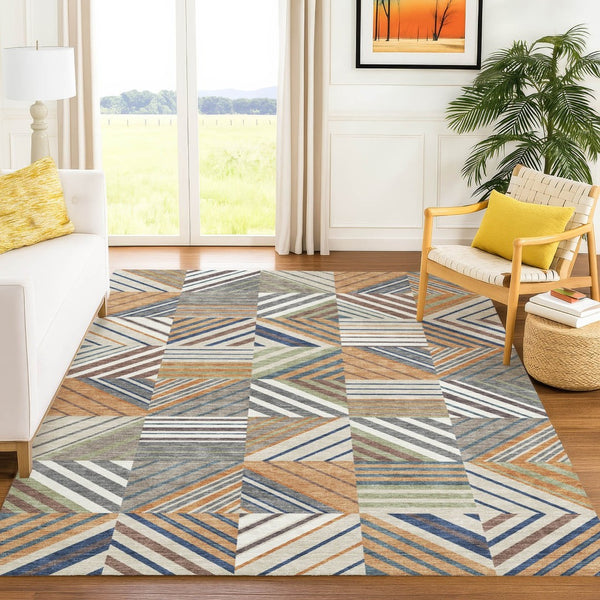 HomeRoots 8' X 10' Stylish Copper, Ivory & Blue Patchwork Indoor/Outdoor Area Rug – Machine Washable & Durable! 690480