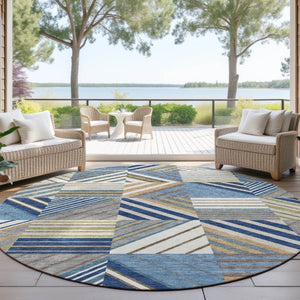 HomeRoots 8' Denim Blue, Ivory & Brown Round Patchwork Rug – Washable, Durable, Indoor/Outdoor Elegance! 690485