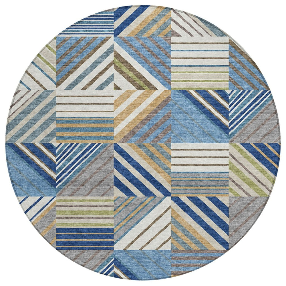 HomeRoots 8' Denim Blue, Ivory & Brown Round Patchwork Rug – Washable, Durable, Indoor/Outdoor Elegance! 690485