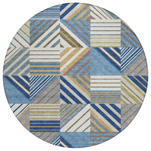 HomeRoots 8' Denim Blue, Ivory & Brown Round Patchwork Rug – Washable, Durable, Indoor/Outdoor Elegance! 690485