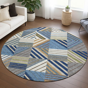 HomeRoots 8' Denim Blue, Ivory & Brown Round Patchwork Rug – Washable, Durable, Indoor/Outdoor Elegance! 690485