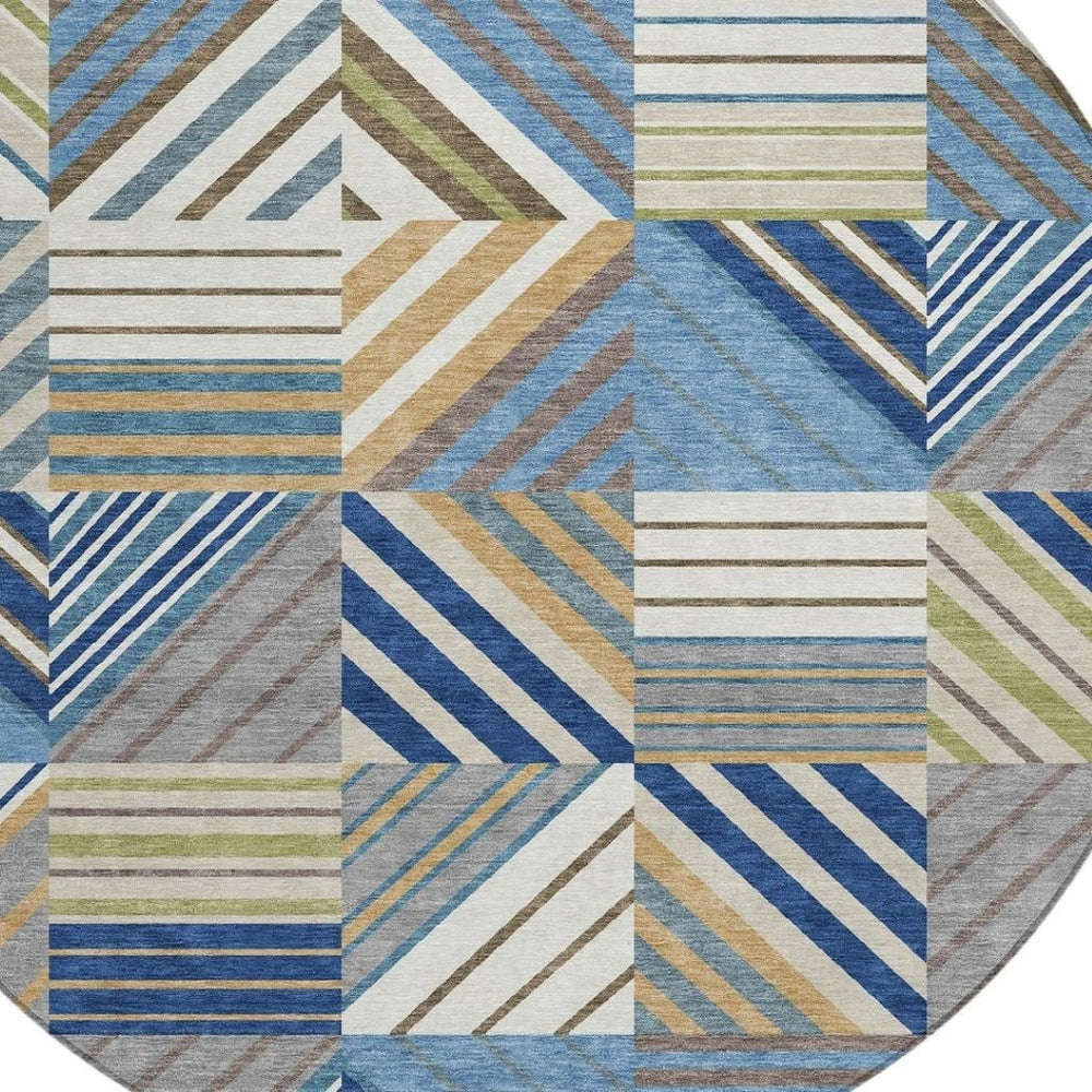 HomeRoots 8' Denim Blue, Ivory & Brown Round Patchwork Rug – Washable, Durable, Indoor/Outdoor Elegance! 690485