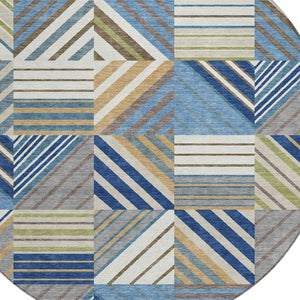 HomeRoots 8' Denim Blue, Ivory & Brown Round Patchwork Rug – Washable, Durable, Indoor/Outdoor Elegance! 690485