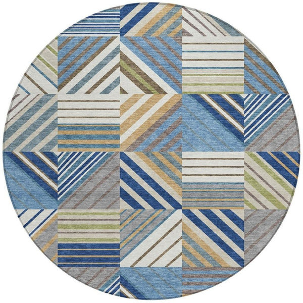 HomeRoots 8' Denim Blue, Ivory & Brown Round Patchwork Rug – Washable, Durable, Indoor/Outdoor Elegance! 690485