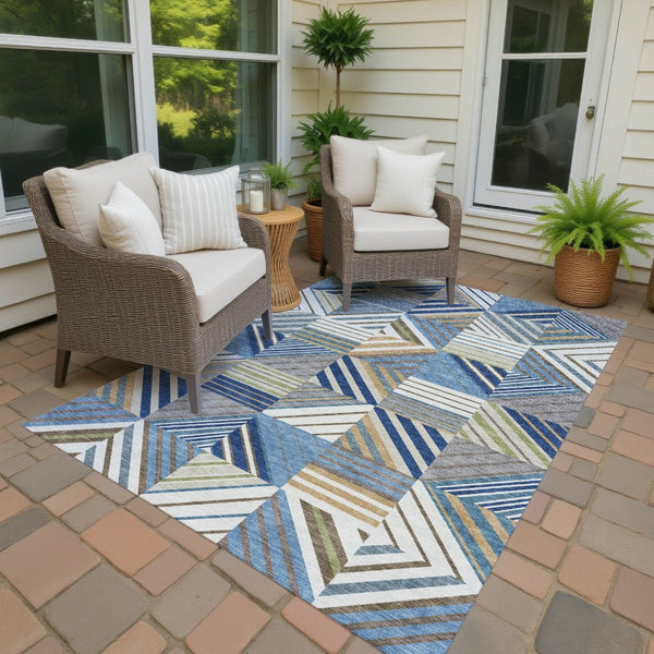 HomeRoots 8' Denim Blue, Ivory & Brown Patchwork Area Rug – Washable, Durable, Indoor/Outdoor Versatility! 690486