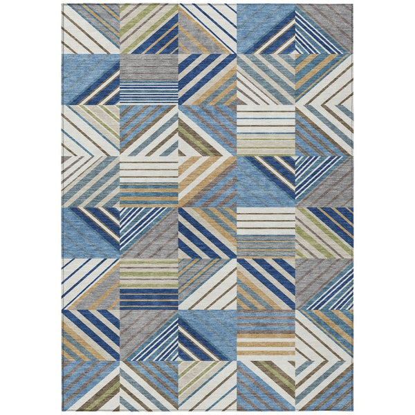 HomeRoots 8' Denim Blue, Ivory & Brown Patchwork Area Rug – Washable, Durable, Indoor/Outdoor Versatility! 690486