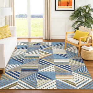 HomeRoots 8' Denim Blue, Ivory & Brown Patchwork Area Rug – Washable, Durable, Indoor/Outdoor Versatility! 690486