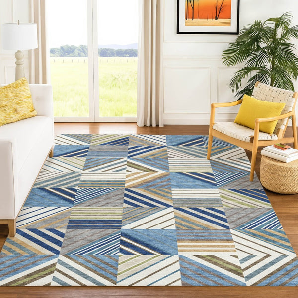 HomeRoots 8' Denim Blue, Ivory & Brown Patchwork Area Rug – Washable, Durable, Indoor/Outdoor Versatility! 690486