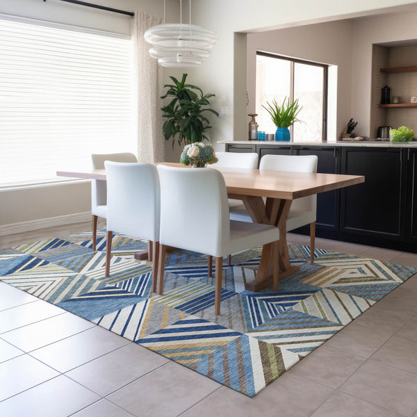 HomeRoots 8' Denim Blue, Ivory & Brown Patchwork Area Rug – Washable, Durable, Indoor/Outdoor Versatility! 690486
