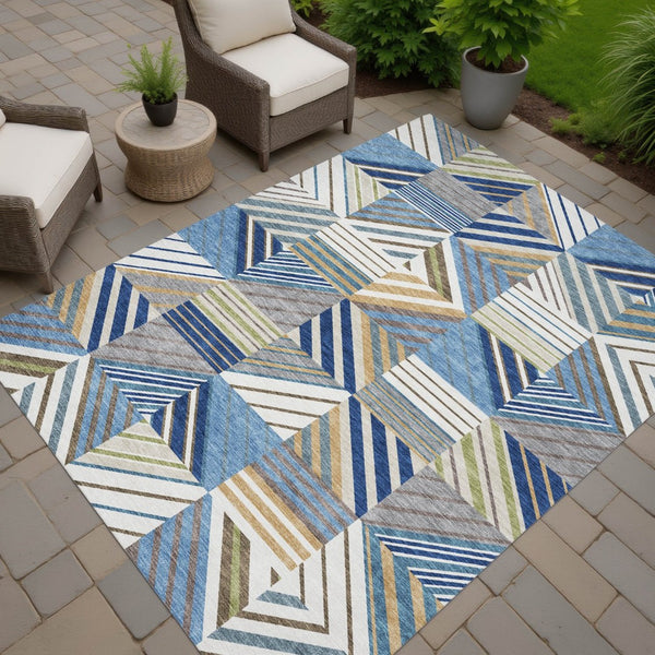HomeRoots 8' Denim Blue, Ivory & Brown Patchwork Area Rug – Washable, Durable, Indoor/Outdoor Versatility! 690486
