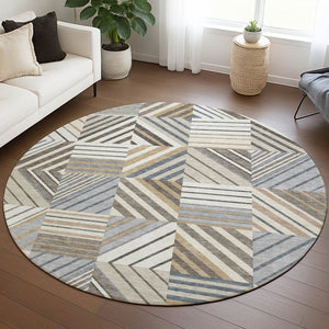 HomeRoots 8' Round Patchwork Area Rug - Washable Indoor/Outdoor, Durable Polyester, Modern Ivory & Gray Design 690491