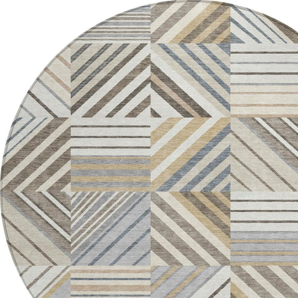 HomeRoots 8' Round Patchwork Area Rug - Washable Indoor/Outdoor, Durable Polyester, Modern Ivory & Gray Design 690491