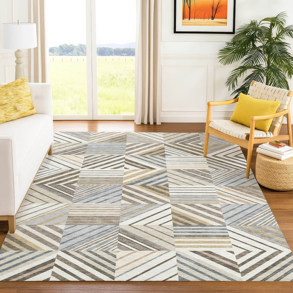 HomeRoots 9' X 12' Stylish Ivory Gray Brown Patchwork Area Rug - Washable, Durable, Indoor/Outdoor Versatility 690493