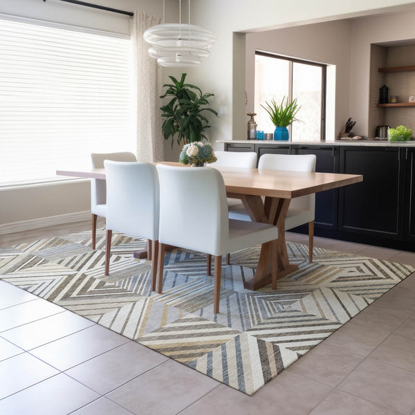 HomeRoots 9' X 12' Stylish Ivory Gray Brown Patchwork Area Rug - Washable, Durable, Indoor/Outdoor Versatility 690493