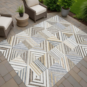 HomeRoots 9' X 12' Stylish Ivory Gray Brown Patchwork Area Rug - Washable, Durable, Indoor/Outdoor Versatility 690493