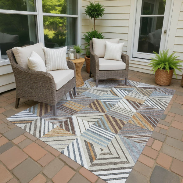 HomeRoots 5' X 8' Versatile Taupe Brown & Blue Patchwork Indoor-Outdoor Rug – Washable & Durable Design! 690496