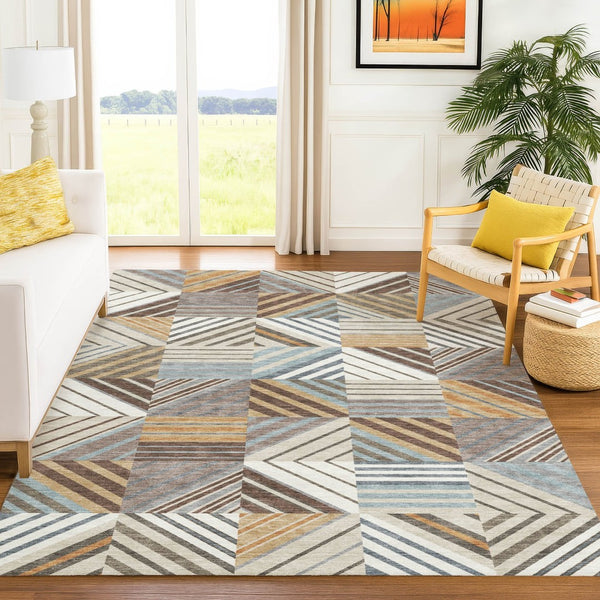 HomeRoots 5' X 8' Versatile Taupe Brown & Blue Patchwork Indoor-Outdoor Rug – Washable & Durable Design! 690496