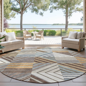HomeRoots 8' Taupe Brown and Blue Round Patchwork Rug – Durable, Washable, Ideal for Indoor & Outdoor Spaces! 690497