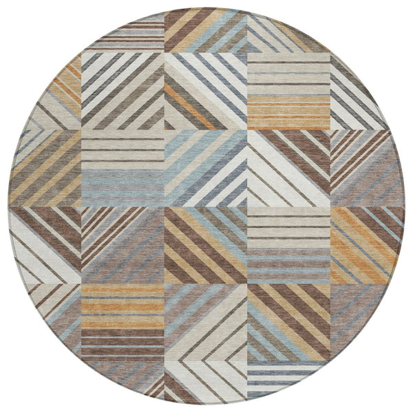 HomeRoots 8' Taupe Brown and Blue Round Patchwork Rug – Durable, Washable, Ideal for Indoor & Outdoor Spaces! 690497