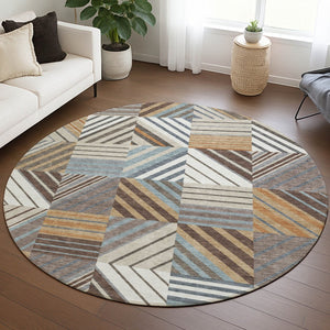 HomeRoots 8' Taupe Brown and Blue Round Patchwork Rug – Durable, Washable, Ideal for Indoor & Outdoor Spaces! 690497