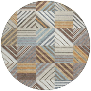 HomeRoots 8' Taupe Brown and Blue Round Patchwork Rug – Durable, Washable, Ideal for Indoor & Outdoor Spaces! 690497