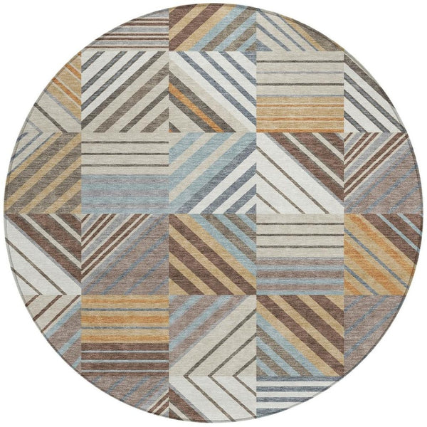 HomeRoots 8' Taupe Brown and Blue Round Patchwork Rug – Durable, Washable, Ideal for Indoor & Outdoor Spaces! 690497