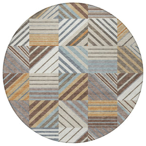 HomeRoots 8' Taupe Brown and Blue Round Patchwork Rug – Durable, Washable, Ideal for Indoor & Outdoor Spaces! 690497