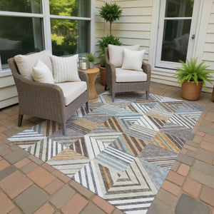 HomeRoots 8' X 10' Stylish Taupe Brown & Blue Patchwork Rug - Washable, Durable for Indoor & Outdoor Use! 690498