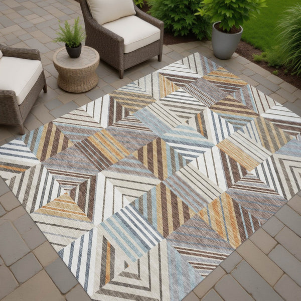 HomeRoots 8' X 10' Stylish Taupe Brown & Blue Patchwork Rug - Washable, Durable for Indoor & Outdoor Use! 690498
