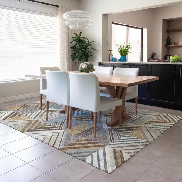 HomeRoots 9' Taupe, Brown & Blue Patchwork Washable Area Rug - Durable Indoor/Outdoor Floor Covering Solution 690499