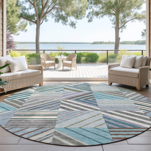 HomeRoots 8' Vibrant Teal Blue and Lavender Round Patchwork Rug – Durable, Washable for Indoor & Outdoor Use 690503