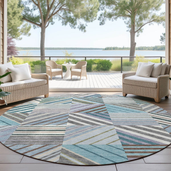 HomeRoots 8' Vibrant Teal Blue and Lavender Round Patchwork Rug – Durable, Washable for Indoor & Outdoor Use 690503
