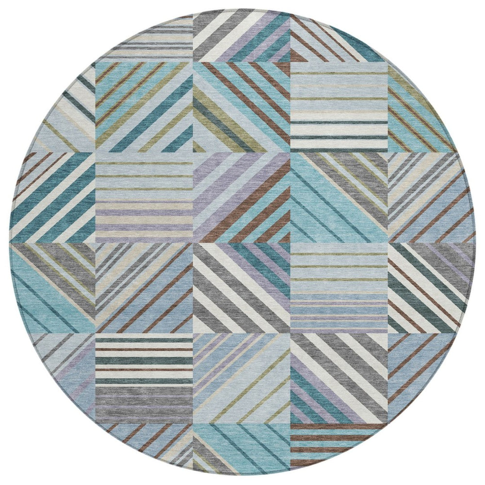 HomeRoots 8' Vibrant Teal Blue and Lavender Round Patchwork Rug – Durable, Washable for Indoor & Outdoor Use 690503