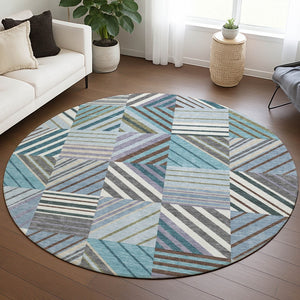 HomeRoots 8' Vibrant Teal Blue and Lavender Round Patchwork Rug – Durable, Washable for Indoor & Outdoor Use 690503
