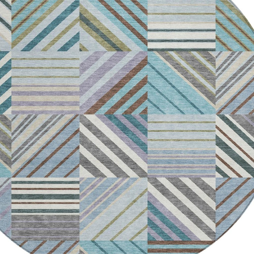 HomeRoots 8' Vibrant Teal Blue and Lavender Round Patchwork Rug – Durable, Washable for Indoor & Outdoor Use 690503