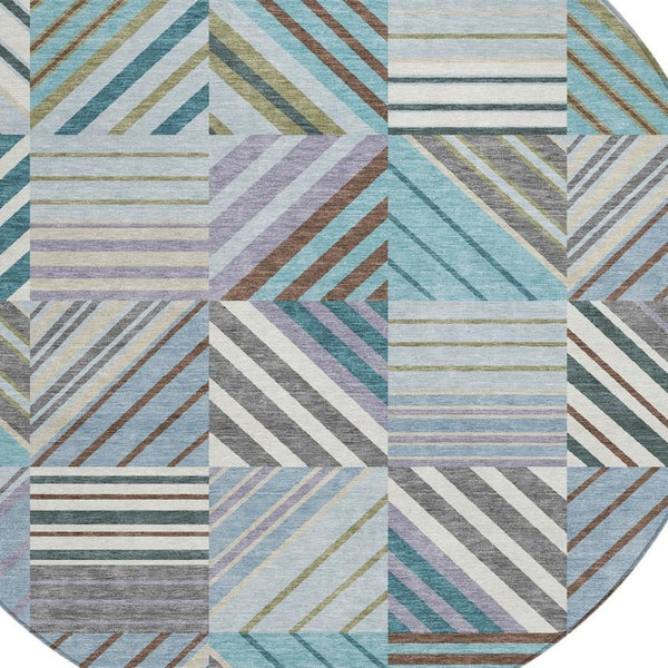 HomeRoots 8' Vibrant Teal Blue and Lavender Round Patchwork Rug – Durable, Washable for Indoor & Outdoor Use 690503