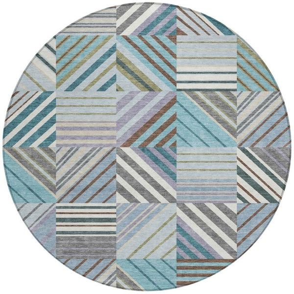 HomeRoots 8' Vibrant Teal Blue and Lavender Round Patchwork Rug – Durable, Washable for Indoor & Outdoor Use 690503