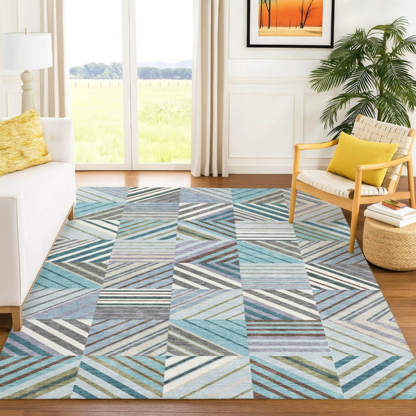 HomeRoots 8' X 10' Teal Blue Lavender Ivory Washable Patchwork Area Rug for Indoor & Outdoor Durability 690504