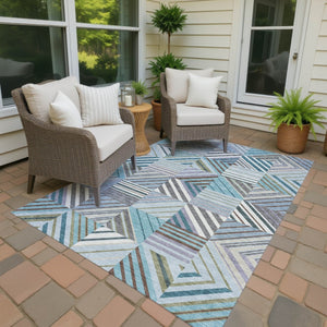 HomeRoots 10' Indoor Outdoor Area Rug – Teal Blue, Lavender & Ivory Patchwork, Washable, Durable & Stylish! 690506