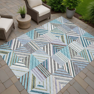 HomeRoots 10' Indoor Outdoor Area Rug – Teal Blue, Lavender & Ivory Patchwork, Washable, Durable & Stylish! 690506
