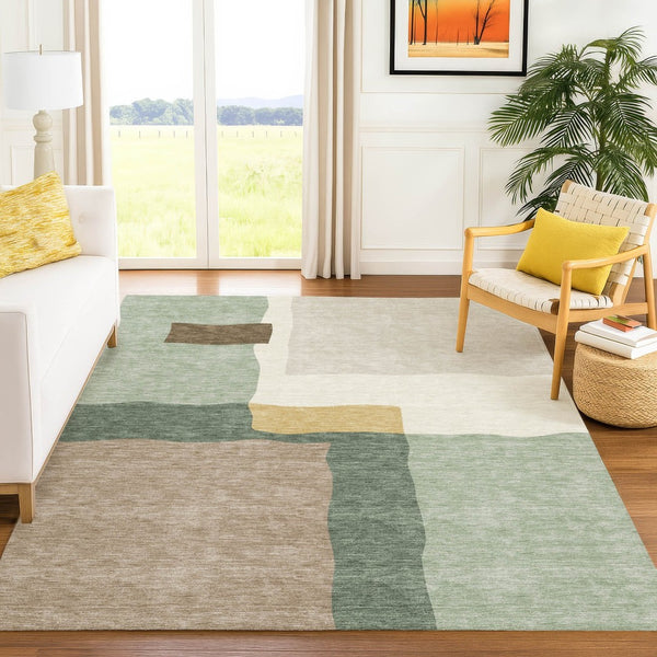 HomeRoots 5' Abstract Artichoke Green and Brown Washable Area Rug – Durable Indoor/Outdoor Style for High Traffic 690508