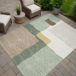 HomeRoots 5' Abstract Artichoke Green and Brown Washable Area Rug – Durable Indoor/Outdoor Style for High Traffic 690508