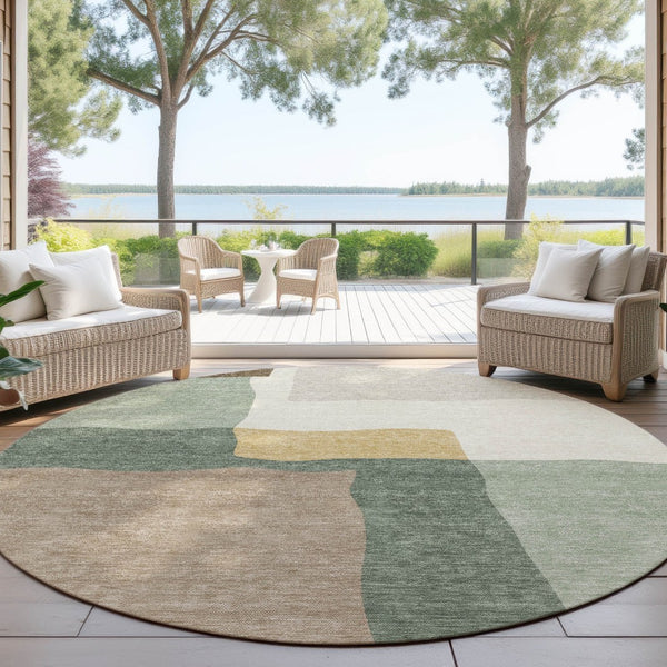 HomeRoots 8' Round Abstract Area Rug in Artichoke Green, Brown & Beige - Washable and Stylish for Indoors & Outdoors 690509
