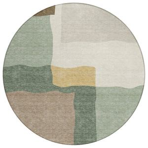 HomeRoots 8' Round Abstract Area Rug in Artichoke Green, Brown & Beige - Washable and Stylish for Indoors & Outdoors 690509