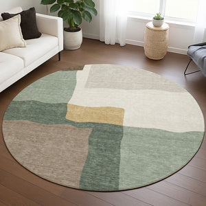 HomeRoots 8' Round Abstract Area Rug in Artichoke Green, Brown & Beige - Washable and Stylish for Indoors & Outdoors 690509