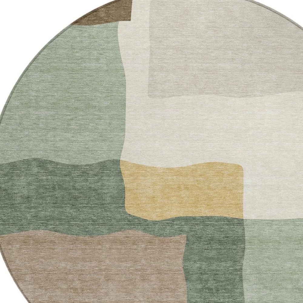HomeRoots 8' Round Abstract Area Rug in Artichoke Green, Brown & Beige - Washable and Stylish for Indoors & Outdoors 690509