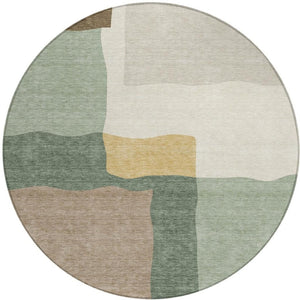 HomeRoots 8' Round Abstract Area Rug in Artichoke Green, Brown & Beige - Washable and Stylish for Indoors & Outdoors 690509