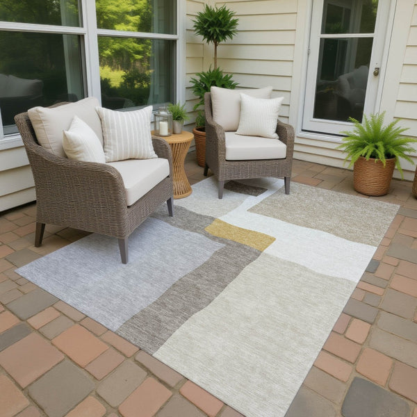 HomeRoots 5' X 8' Washable Beige Gold Gray Abstract Area Rug - Durable, Versatile for Indoor & Outdoor Use 690514