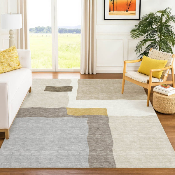 HomeRoots 5' X 8' Washable Beige Gold Gray Abstract Area Rug - Durable, Versatile for Indoor & Outdoor Use 690514